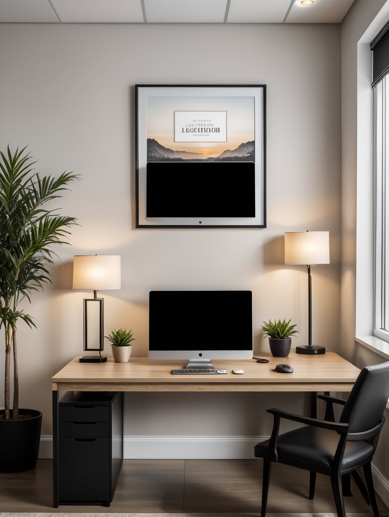 a rectangular frame mockup in a office, the office has a simple design, the office was a black table with a laptop