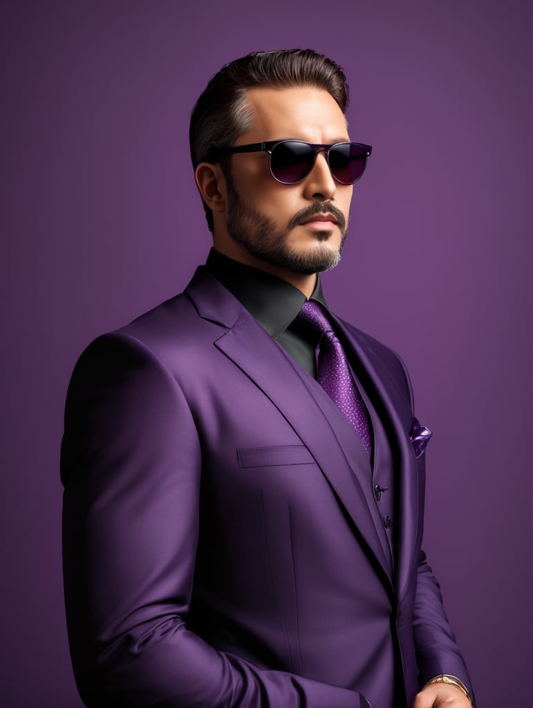 A man in a business suit with a eggplant for a head, dark purple background, sunglasses, isolated, style of Edward Burne-Jones