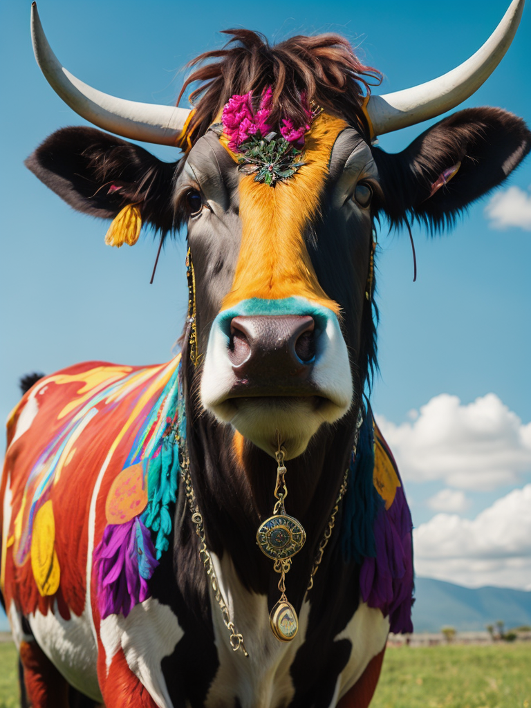 Envision a hyper-realistic, high-resolution image capturing a unique sight: a hippie cow with a beard. The cow is adorned with symbols of peace and love, its fur patterned with vibrant, psychedelic colors. A thick, shaggy beard hangs from its chin, adding to its unconventional appearance. The cow stands in a lush, green pasture under a clear blue sky, embodying the free-spirited ethos of the hippie movement. The colors should be a mix of the natural hues of the cow and the pasture, contrasted with the vibrant colors of the hippie symbols. The composition should be a mid-shot, focusing on the cow and its unique features.