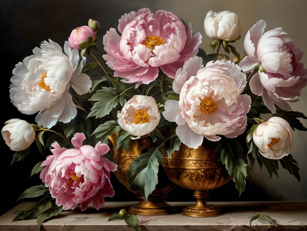 big peony dirty pink and white colors oil painting willem van aelst floral art dutch artist still life baroque style golden hues fine art