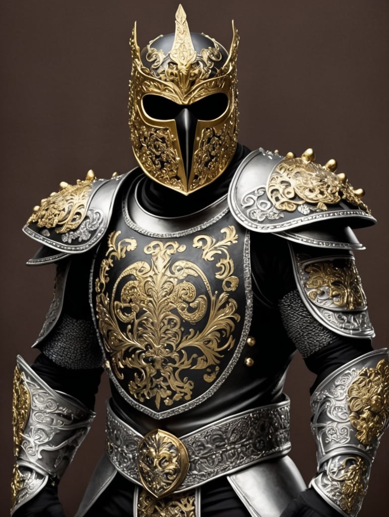 Mexican luchador, masked, with an outfit that depicts or is based in a medieval knight, using silver, golden and black motives for it. This knight is also king of all frogs so add that into the suit.