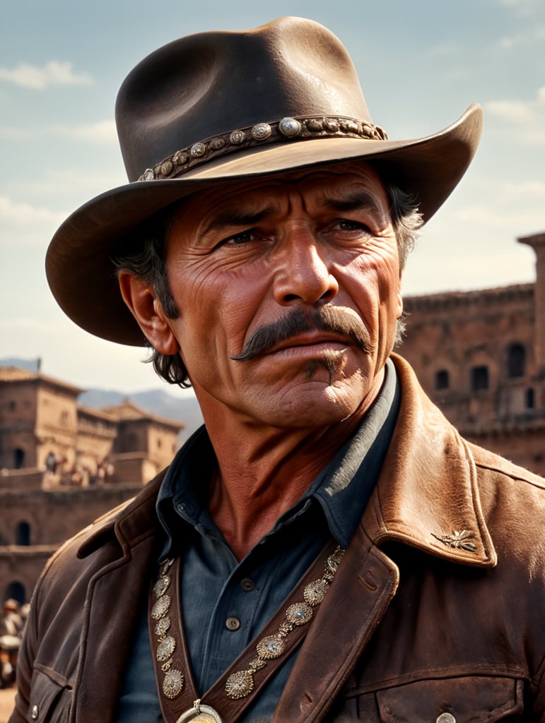 Charles Bronson, once upon a time in the West, close-up scene, cowboy hat, play harmonica, in Rome sculpture style