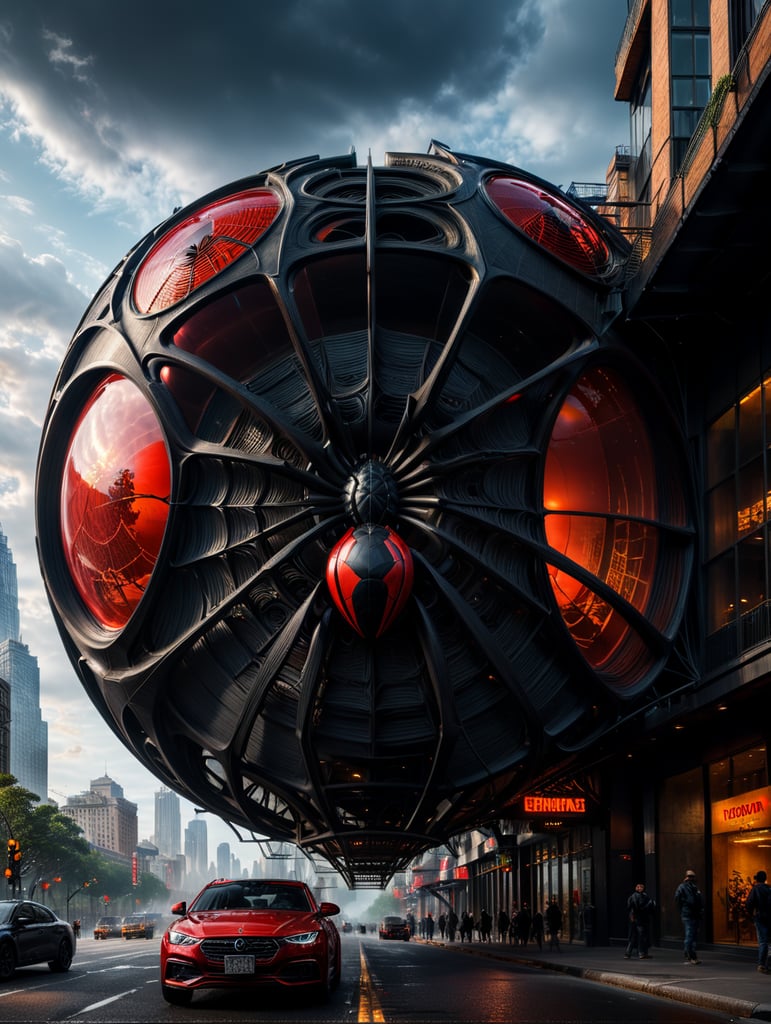 dream prompt: the craziest, bentwood, far view lens architectural modern style hyper realistic hyper detailed neocosmic exterior architecture design of a spider Fluid complex facade, geometric shapes spectrum, black::1 red:3, Antoine Blanchard architecture art style, in new york city, dramatic ambient, natural lighting, camera sony, 8k, --s1000 --style raw, you can imagine