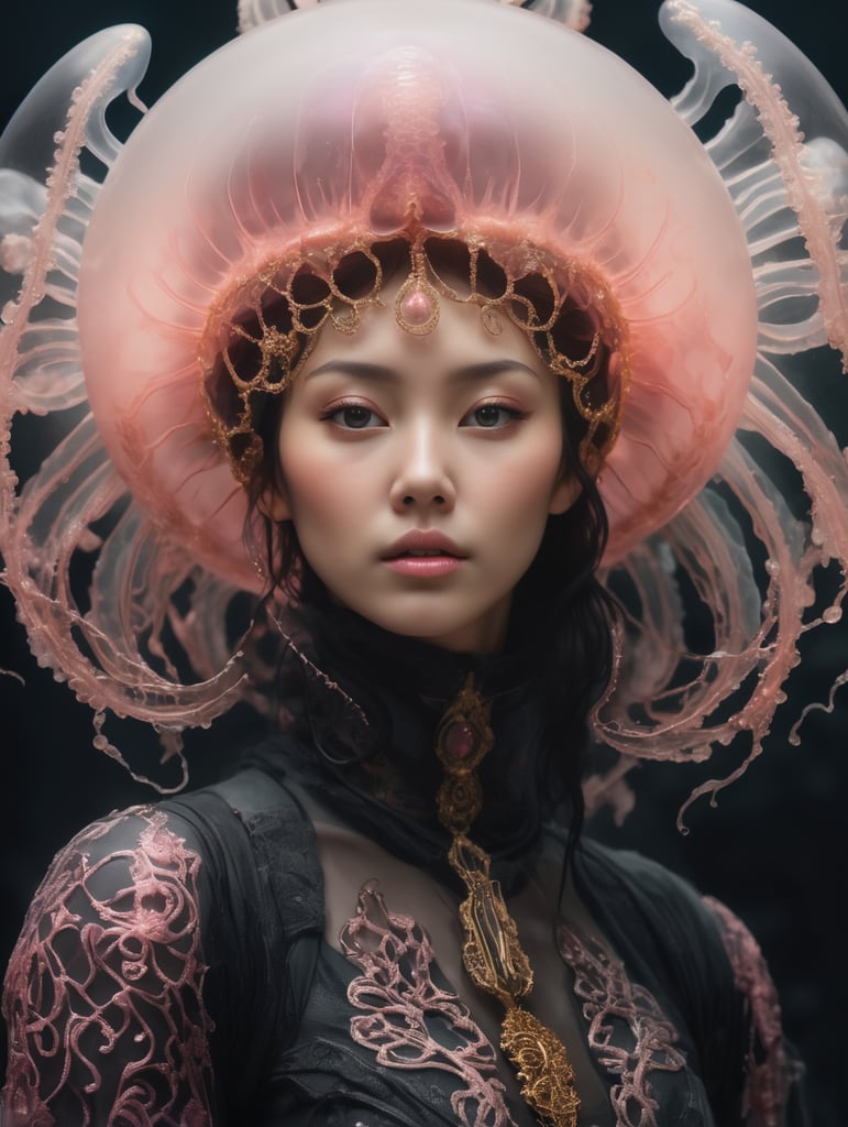 photo RAW, (Black and pink : Portrait of a ghostly jellyfish, shiny aura, highly detailed, gold filigree, intricate motifs, organic tracery, by Android jones, Januz Miralles, Hikari Shimoda, glowing stardust by W. Zelmer, perfect composition, smooth, sharp focus, sparkling particles, lively coral reef background Realistic, realism, hd, 35mm photograph, 8k), masterpiece, award winning photography, natural light, perfect composition, high detail, hyper realistic