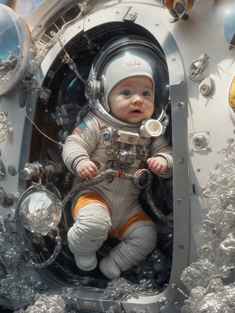 baby astronaut, 4k, lightfilm, sunlight in glass, realistic, realism