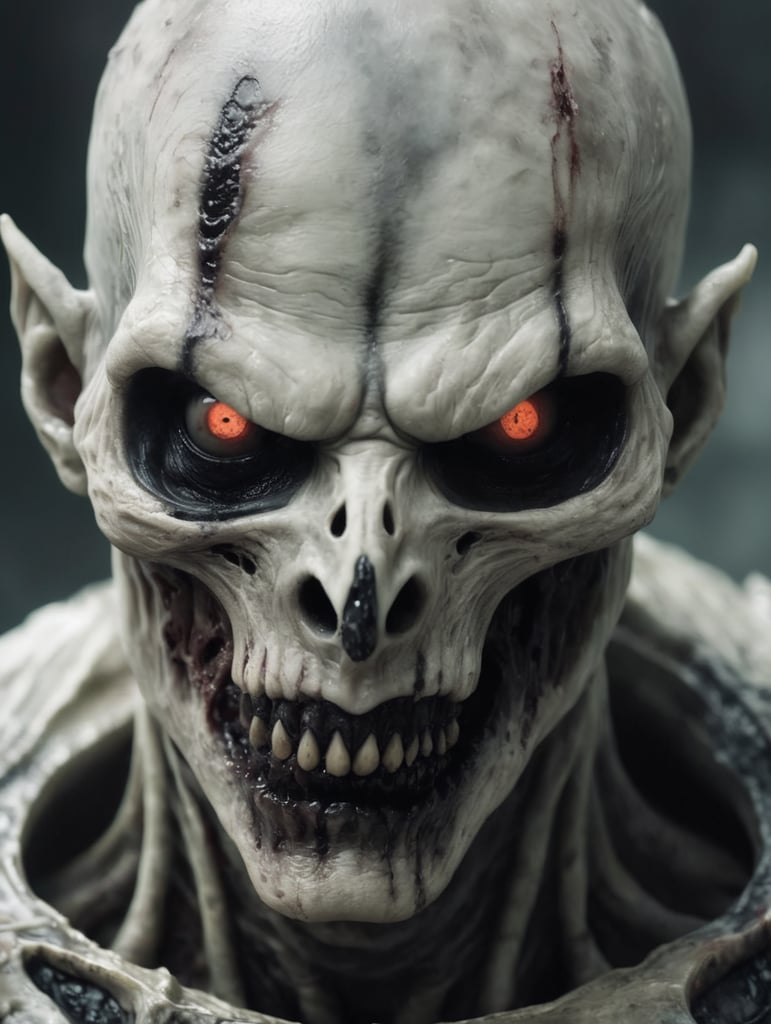 Ghoul with pale rotten skin and black bloodshot eyes