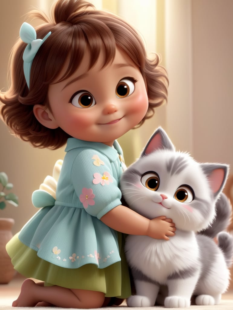 a young baby girl with fluffy cat, creative, and kind-hearted person with very short, brown hair, big eyes, small nose, and a smiling mouth, standing centered in 3D style, rendered using beautiful Disney animation, Pixar style, Disney style, 3D style