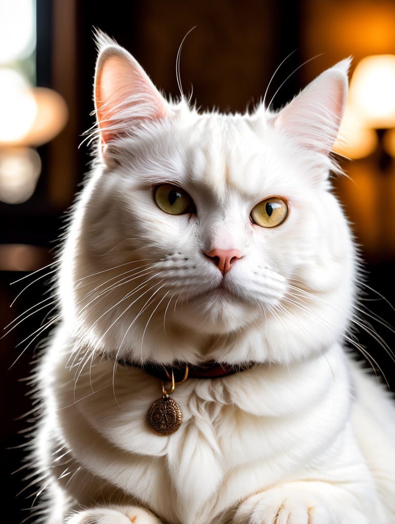 highly detailed, full portrait of a majestic white Persian cat in a seated position, making eye contact with the camera with an intense and regal expression. The cat should be portrayed holding a lifeless mouse in its mouth, showcasing its hunting prowess. The lighting should come from above, casting dramatic shadows to accentuate the cat's features, and the background should be neutral to emphasize the subject. Pay meticulous attention to detail, ensuring the cat's fur, whiskers, and the mouse are rendered with lifelike precision