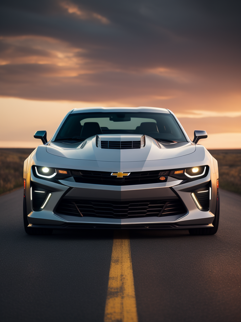 a videogame visual of a Chevrolet Camaro, front of the car, white plane background, dynamic composition, incredible graphic, 4k