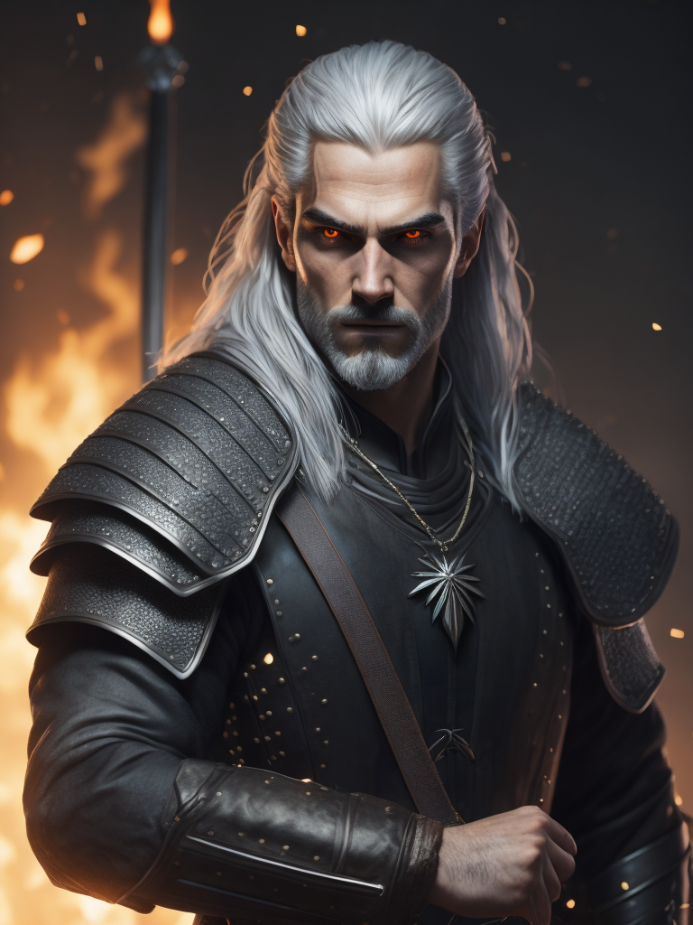 Геральт из Ривии (ведьмак), на фоне Аретузы в огне, серебряный меч в руках, меч в крови, на заднем плане летают вороны, белые волосы у ведьмака, максимальная детализация.