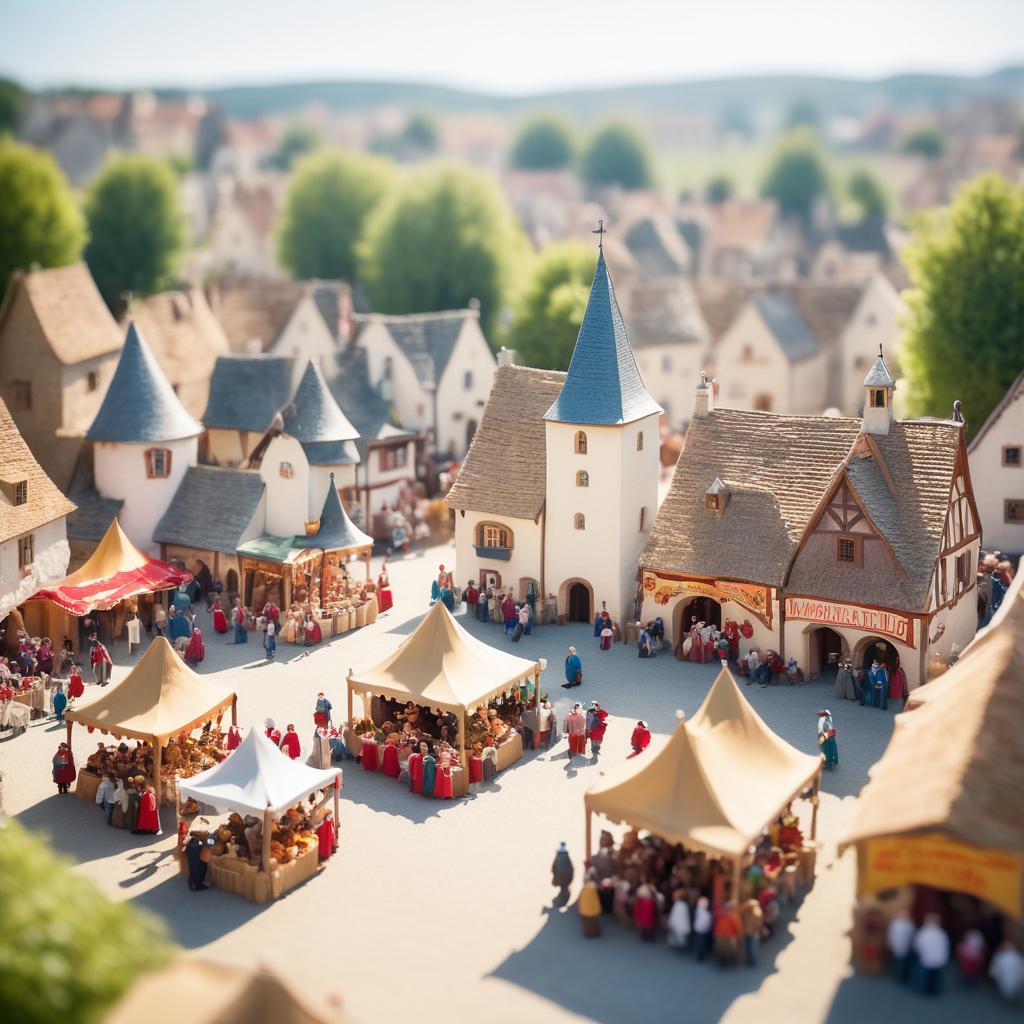 A medieval-inspired creative concept is depicted in a tilt-shift photograph capturing the joyful ambiance of a village fete and fair