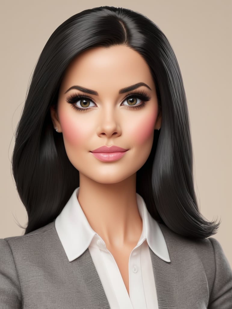 Drawing of an adult Barbie teacher, oval face with thick body, white skin, straight black hair, black eyes