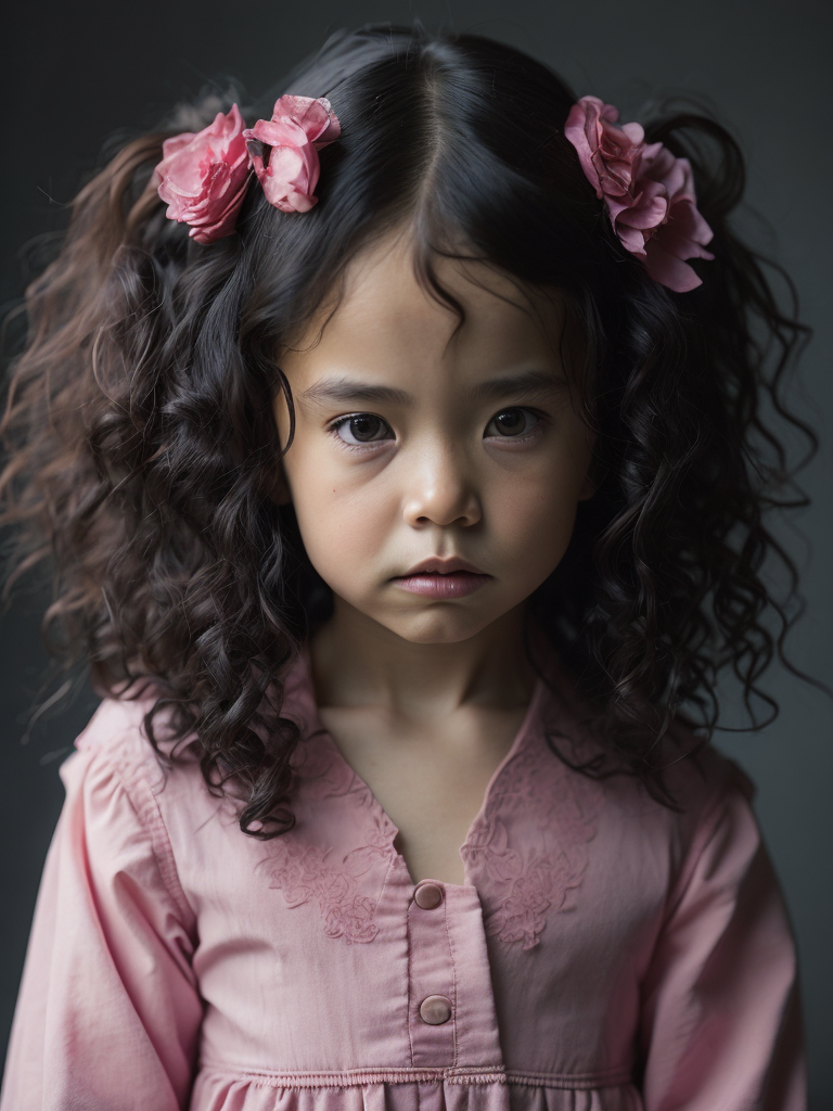 criança, mestiça japonesa, cabelo cacheado preto grande, pele clara, com 4 anos de idade, vestida de rosa.