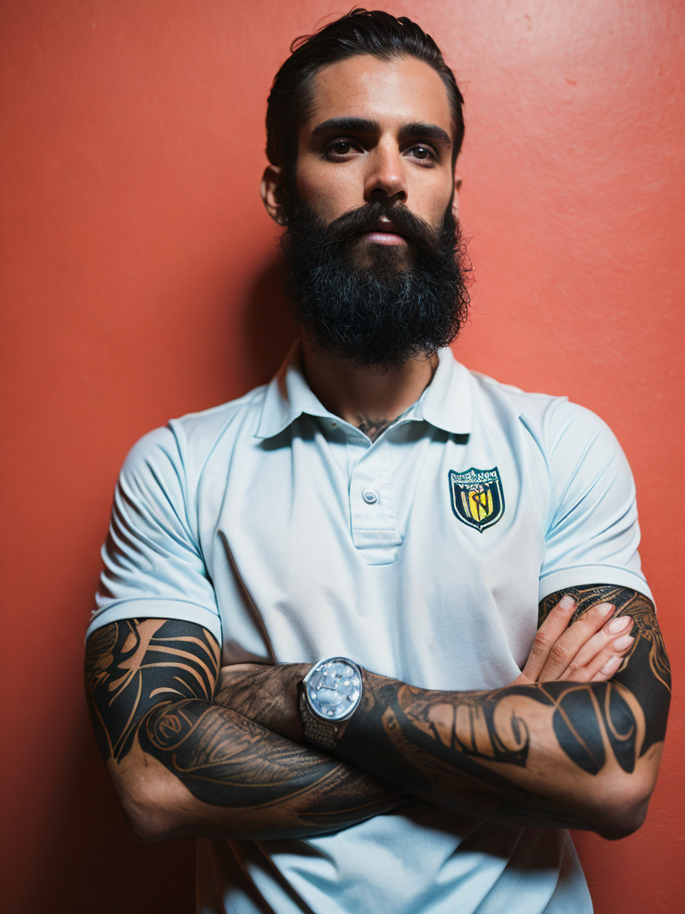 a tattooed soccer player with long black beard stands in a front of the bright yellow wall
