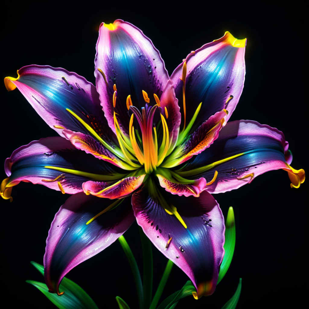 holographic neon lily with a black background