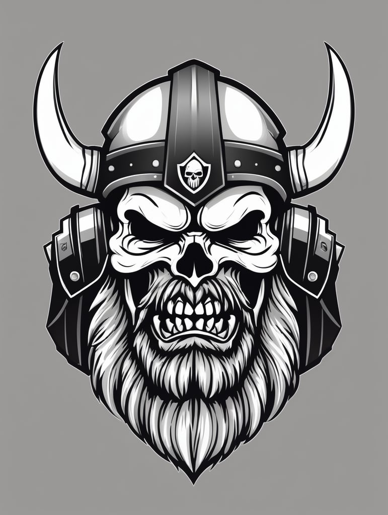 Aggressive Viking with beard skull gaming logo, black and white, e-sports Logo, vector image
