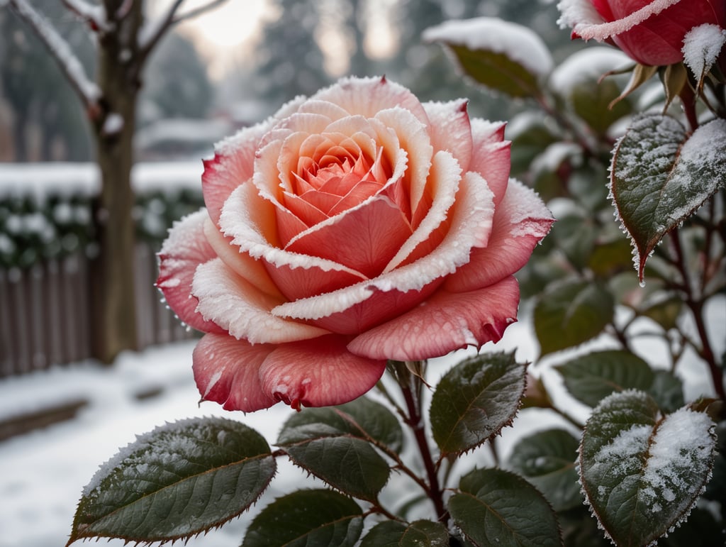 rose icicles, snow, frost