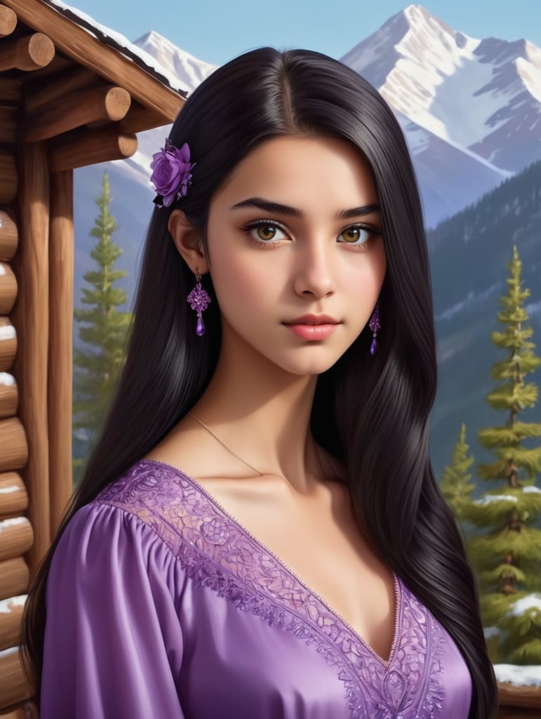 Girl. 18 years old. With dark brown eyes. 10 inches long black straight hair. 160 cm tall with a beautiful purple dress. He paints a picture in the mountains. Beautiful wooden houses can be seen in the mountains.He has a Caucasian appearance