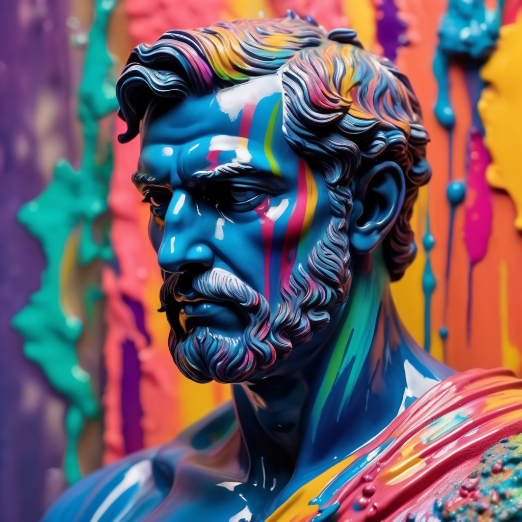 greek male bust with colorful paint, melted, the paint is flowing, aesthetic background