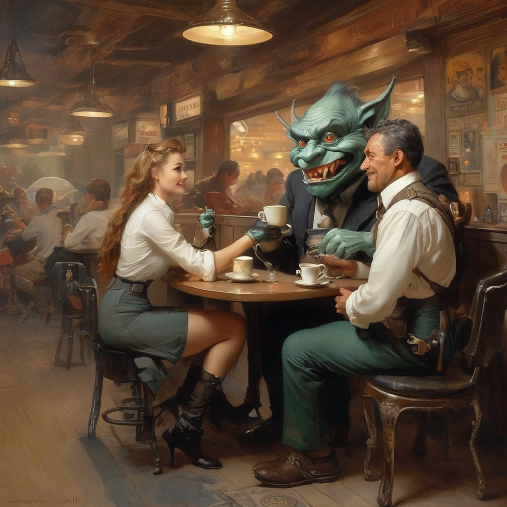 A troll and a woman have a coffee in an internet cafe. The woman is dressed smart casual. They are in an internet cafe. Frank Frazetta fantasy style art.