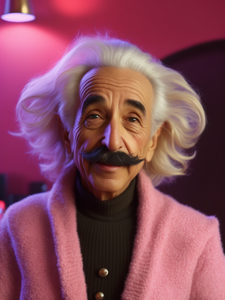 Albert Einstein Barbie style, dressed all in bright pink, bright pink hat, bright pink sweater with black stripes, blurred pink backround, glamour style, metal claws, looking up at the camera and smiling devilishly, stock photo, conceptual art, photorealistic imagery