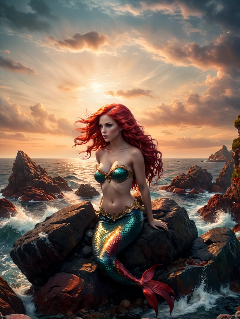 mermaid, red hair, on rock, sea and sky background