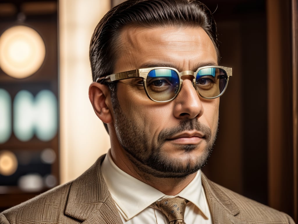 a man wearing augmented reality glasses in the style of vintage photographs from the 1960s, printed portrait of an old albo. The image on the augmented reality glasses needs to be from the 21st century