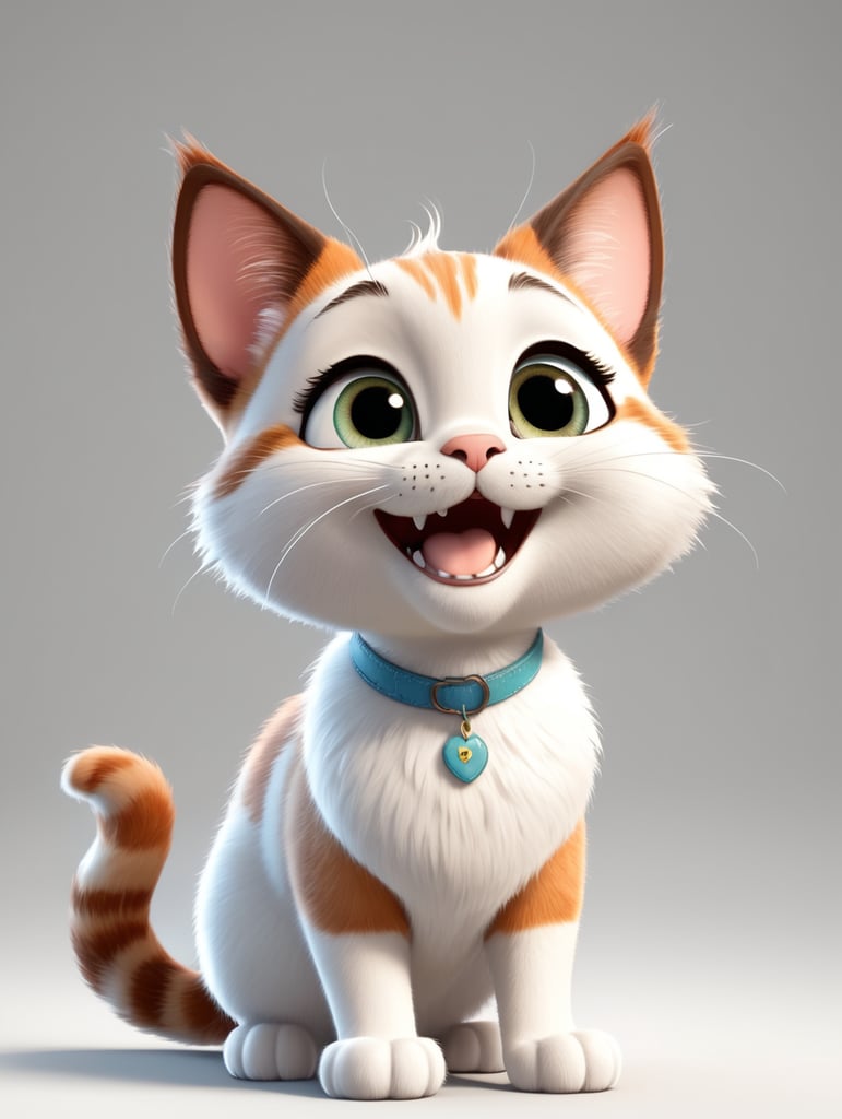 мультяшная кошка, весёлая и добрая, улыбающаяся, с большими добрыми глазами,длинными ресницами, выполнена в красивой анимации Disney, в стиле Pixar, в стиле Disney, 3D, на белом фоне, во весь рост,полностью