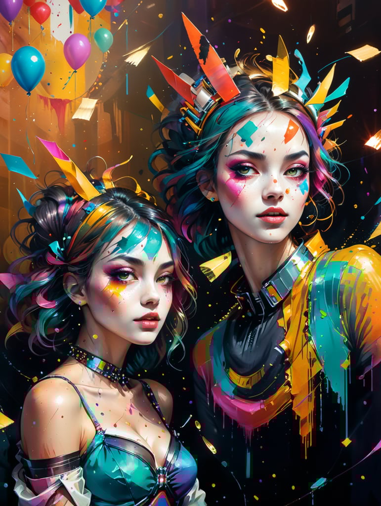 arlequim num teatro moderno em ambiente de festa, Carnaval, serpentinas e confétis, focos de luz e musica, Festa!