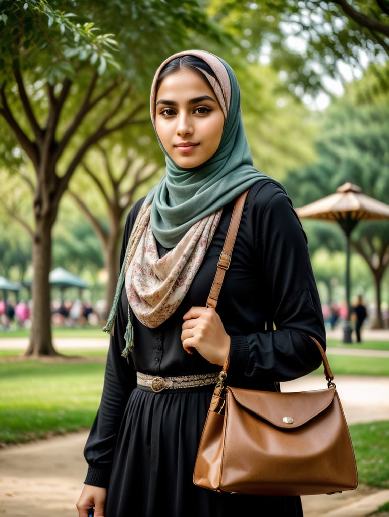 Девушка в хиджабу с сумкай на руке в парке