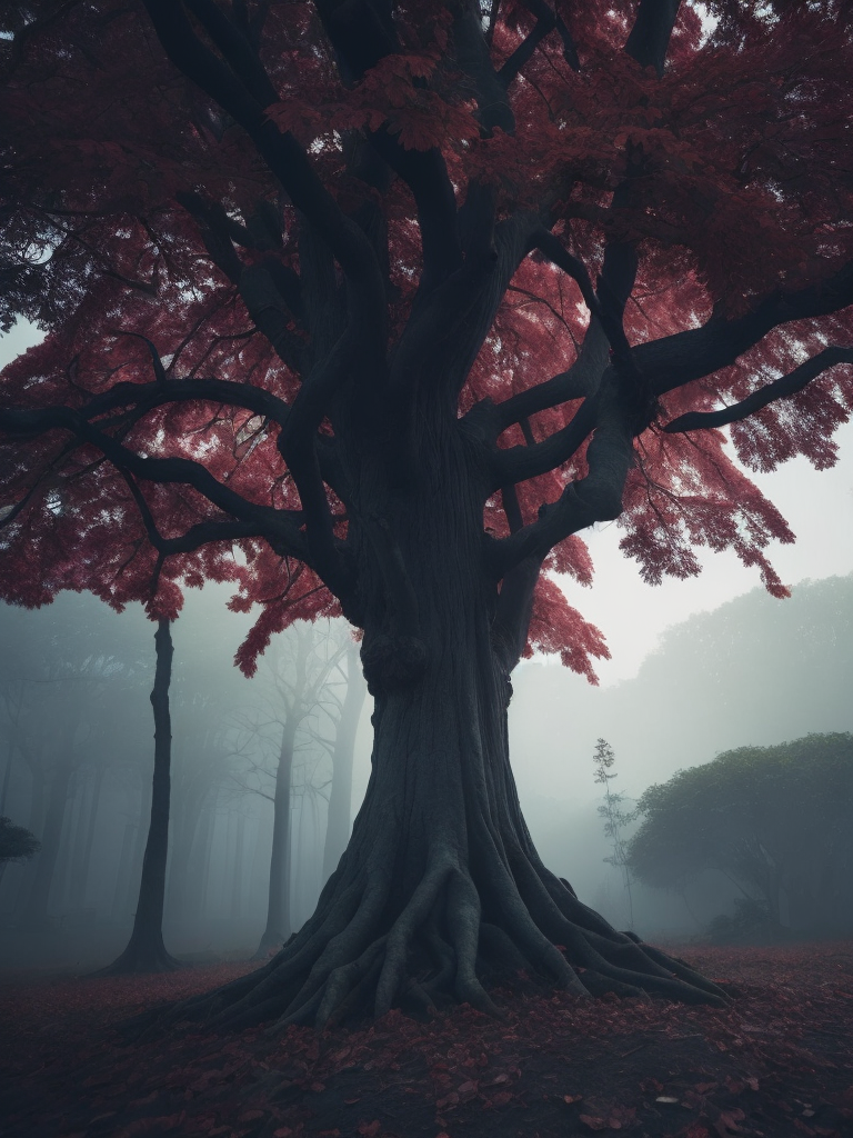 Magical tree with multi-colored leaves, thick trunk of different animals, mysterious atmosphere fokrug, magic