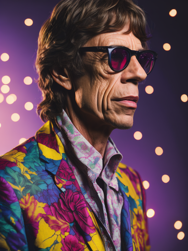 Mick Jagger wearing a brightly patterned jacket and wayfarer glasses, Vivid saturated colors, Contrast color