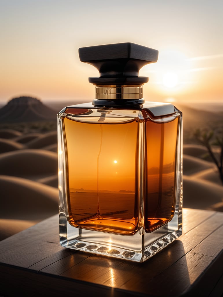 A perfume bottle, plain, square, with amber tinge. It has a cube shaped, black, wooden lid. It sits in an Australian desert location, with the sun rising in the distance.