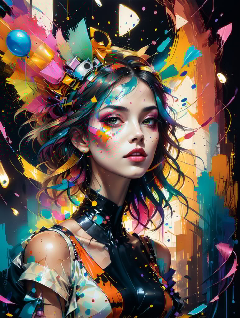 arlequim num teatro moderno em ambiente de festa, Carnaval, serpentinas e confétis, focos de luz e musica, Festa!