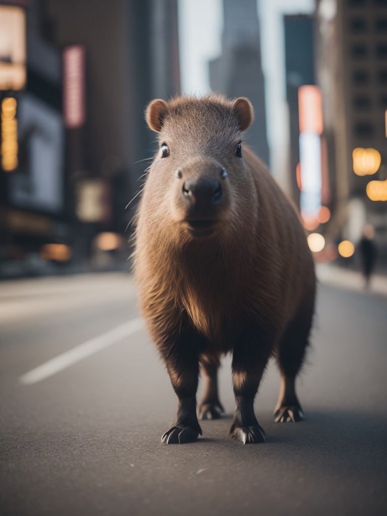 Capybara in a suit walks in new york