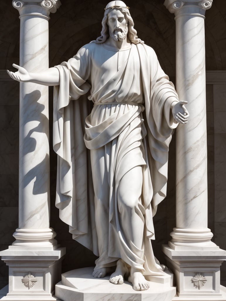 realistic Line Drawing of a full-body Jesus marble statue on a stone foundation carrying a cross