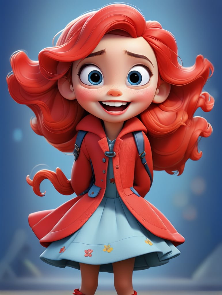 photo happy little girl going to travel, cute girl, dressed in all red, blue background, harpers bizarre, cover, headshot, hyper realistic