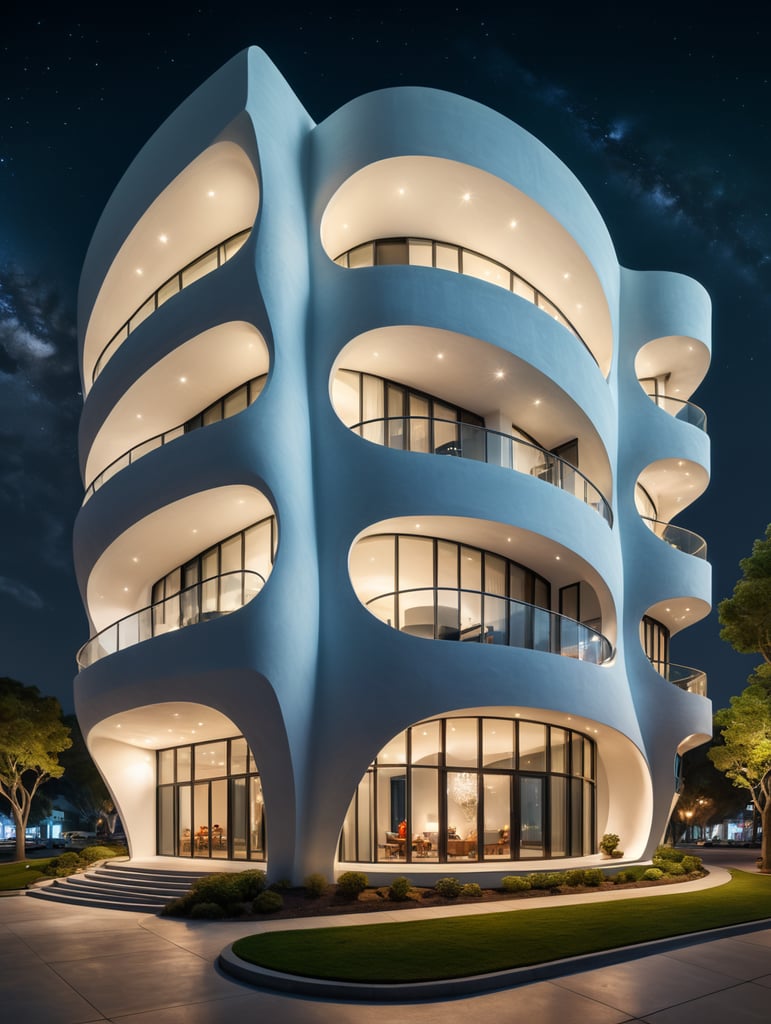 at night, white building with curved shapes in front, in the style of the stars art group (xing xing), women designers, eclectic curatorial style, sculptural costumes, concrete, urban influences, flowing fabrics