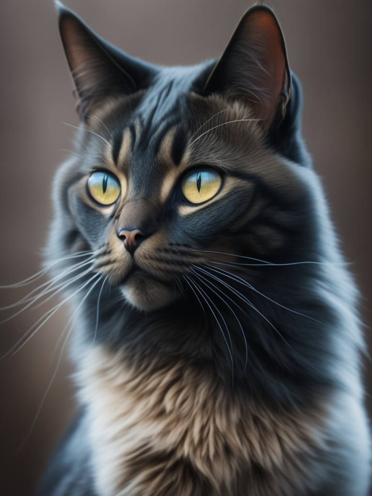 brown smoke cat with blue eyes blurred background, hyper realistic, photorealism, highly detail fur, dramatic lightning