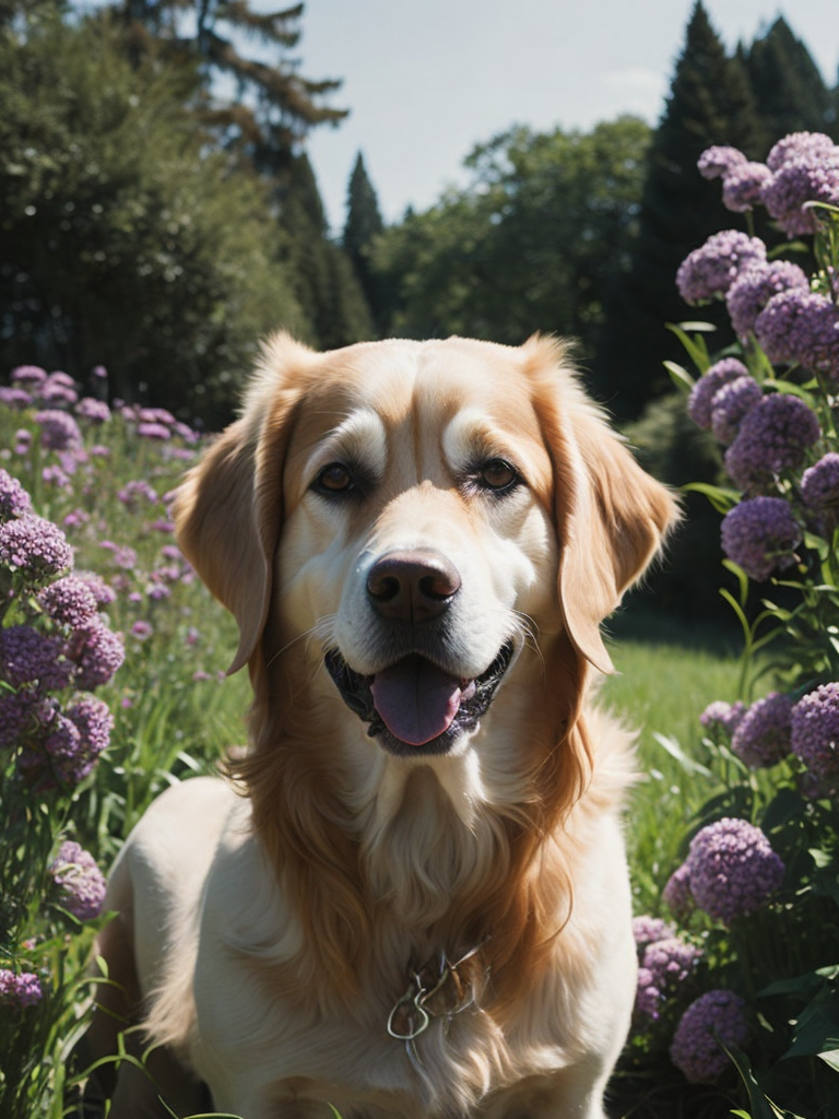 dog is sitting on a garden