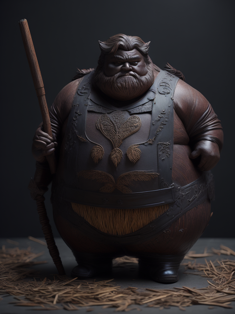 a fat american man carved from the dark reed wood, detailed, deep carving, handcrafted