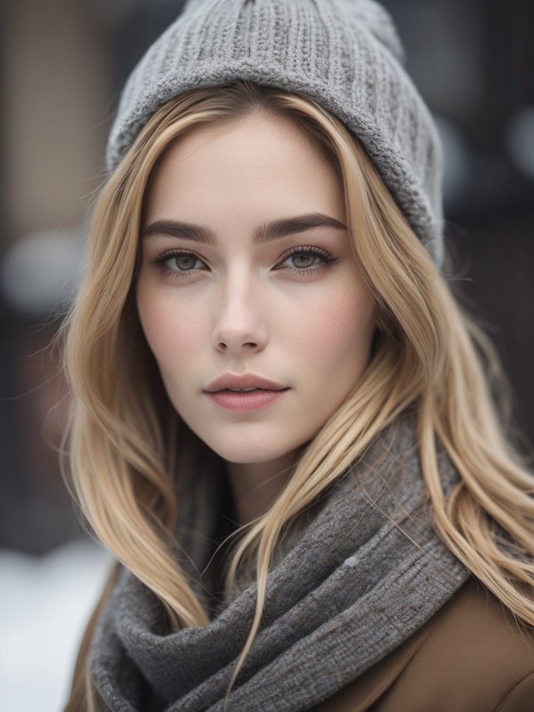 professional portrait photograph of a gorgeous Norwegian girl in winter clothing with long wavy blonde hair, sultry flirty look, freckles, gorgeous symmetrical face, cute natural makeup, wearing elegant warm winter fashion clothing, standing outside in snowy city street