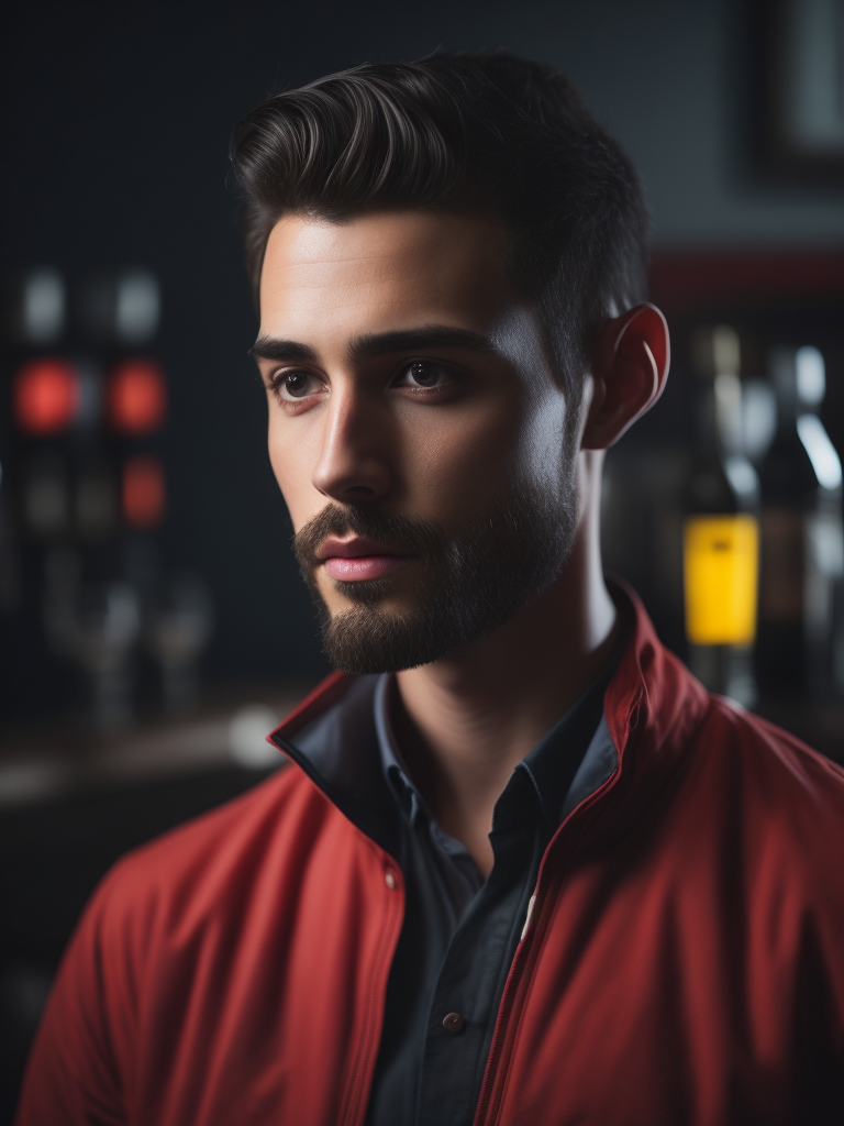 Portrait of a bartender, digital art, high resolution, black blur on face, red and black colours