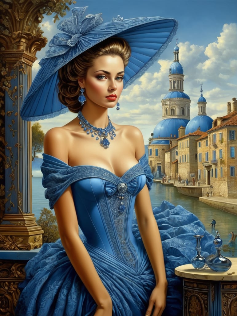 Michael Cheval style illustration, of a twenty-year-old woman, very beautiful, similar to Veronica Castro, dressed in a beautiful blue dress.