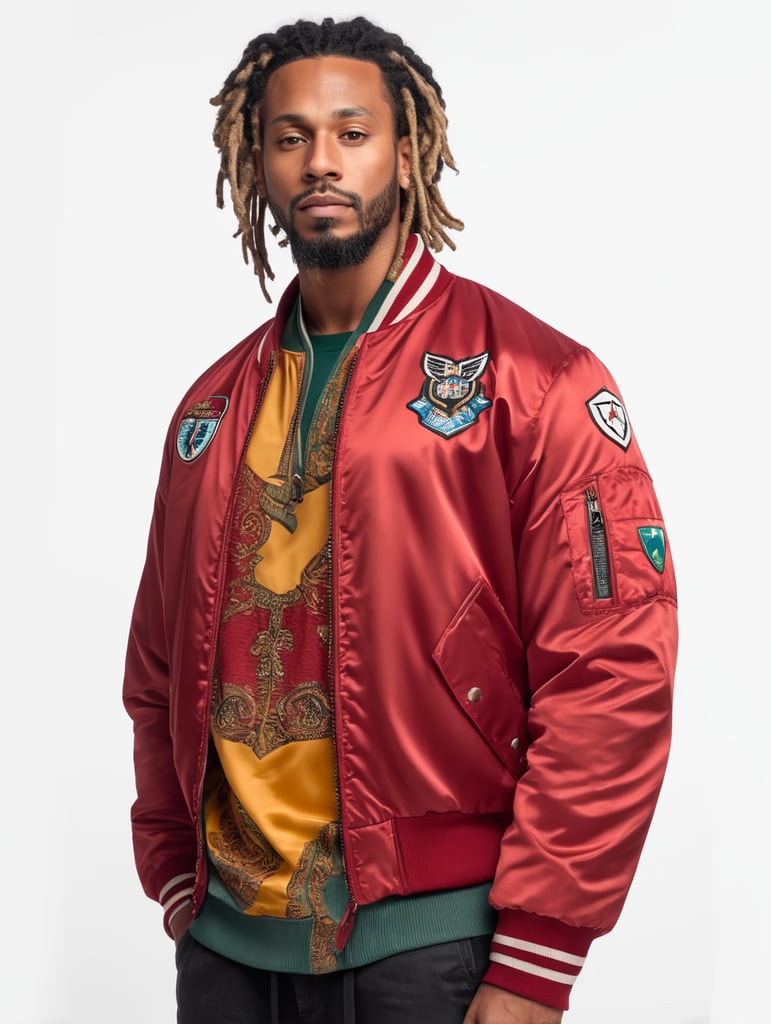 a man with dreadlocks on his head is wearing a colored jersey and a red bomber jacket