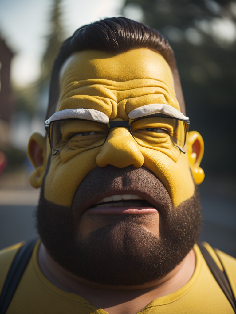 Homer Simpson, Simpsons style, yellow colors, width line, criminal, blood, fog, tattoo on face, cartoon, fat man