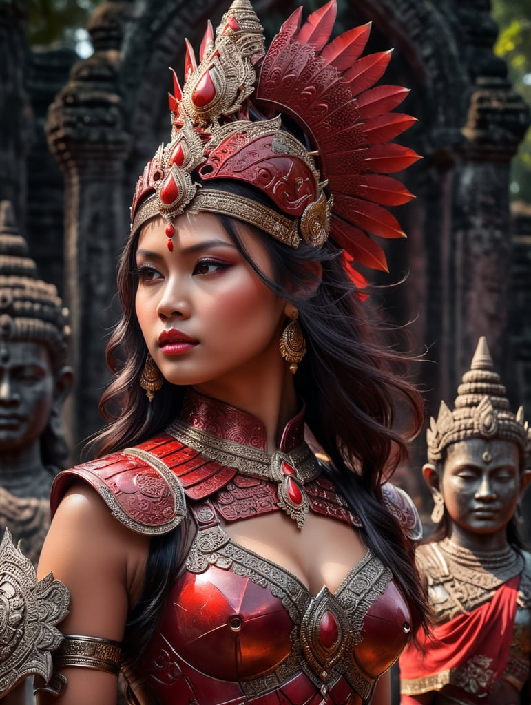 A young beautiful khmer girl in khmer traditional red armor and black hair against the backdrop of ANGKOR THOM temple in SIEM REAP in red-burgundy tones, blurred background, focus on the girl, detailed armor, Dramatic Lighting, Depth of field, Incredibly high detailed