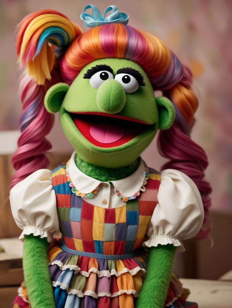 female teenage muppet with rainbow hair and wearing a multi-colored patchwork dress. Full body