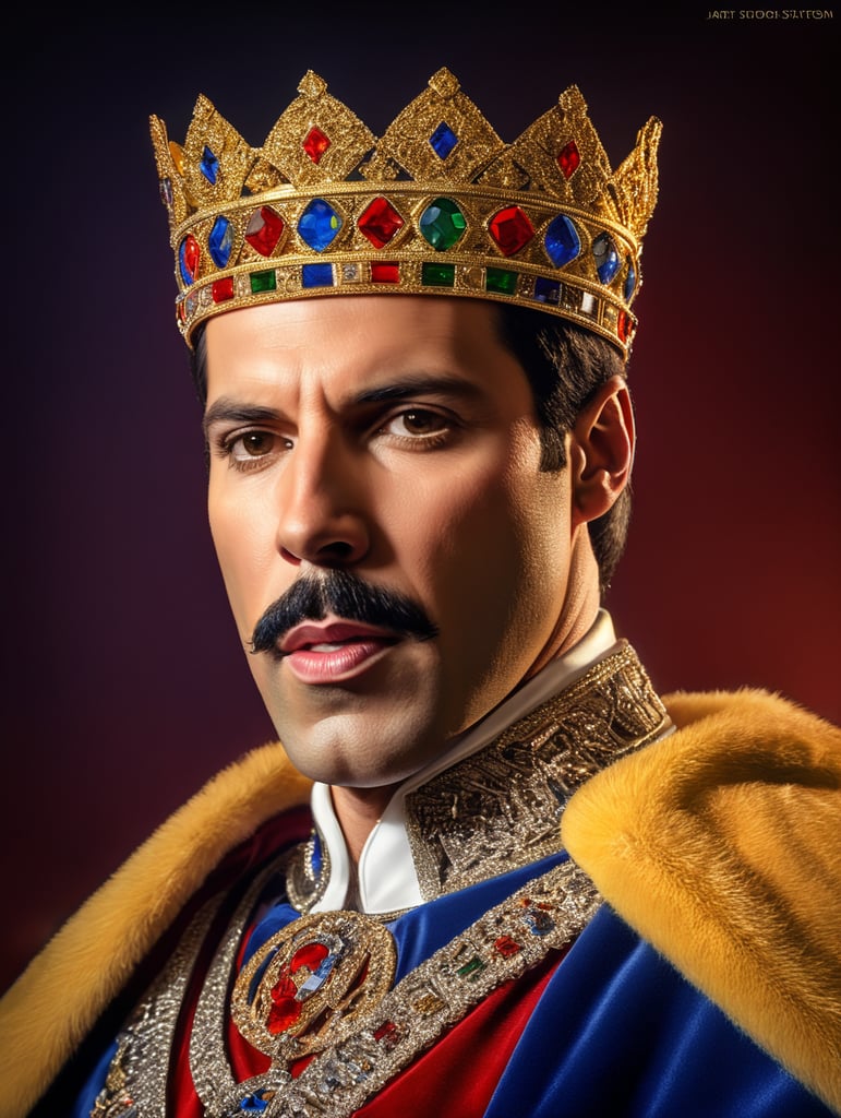 Portrait of Freddie Mercury wearing the Queen's crown, royal mantle, Vivid saturated colors, Contrast light, studio photo, professional photo, Detailed image, detailed face