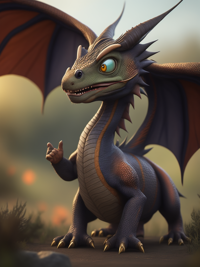 милый веселый добрый маленький дракон, мультяшный рисунок